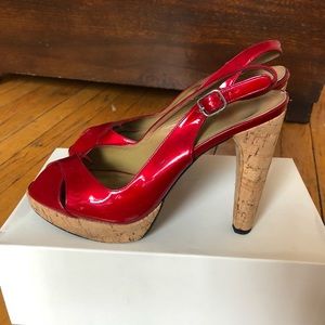 Stuart Weitzman red patent platform cork heels